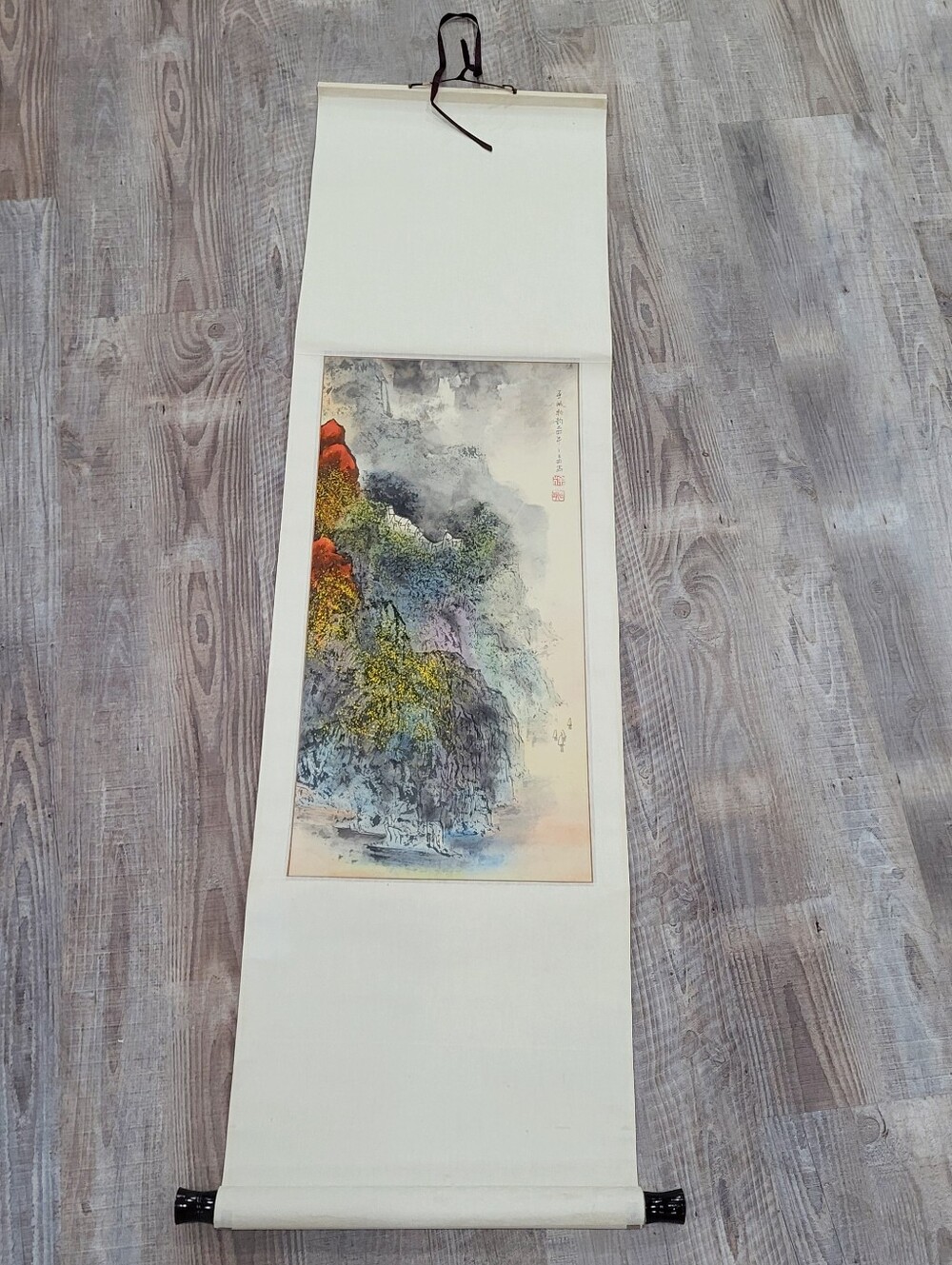 Vintage Chinese Landscape Hanging Scroll Wu Gorge Autumn Wall Art 58x16 Orig Box